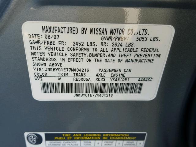 JNKBY01E77M404216 - 2007 INFINITI M45 BASE GRAY photo 10