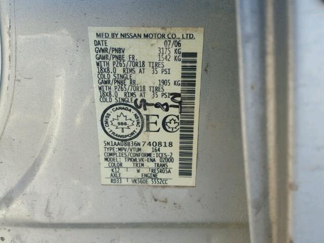 5N1AA08B36N740818 - 2006 NISSAN ARMADA SE GRAY photo 10