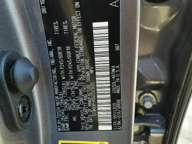 5TDKKRFH0GS503605 - 2016 TOYOTA HIGHLANDER GRAY photo 10