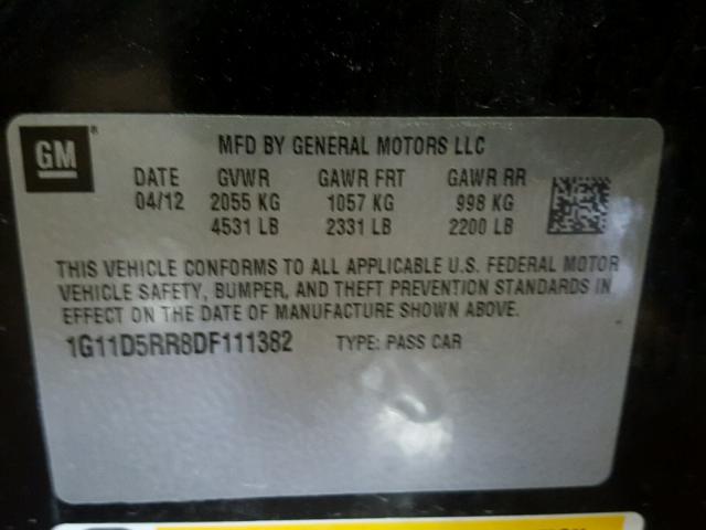 1G11D5RR8DF111382 - 2013 CHEVROLET MALIBU 1LT BLACK photo 10