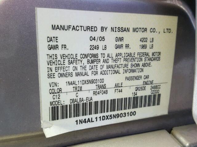 1N4AL11DX5N903100 - 2005 NISSAN ALTIMA S TAN photo 10