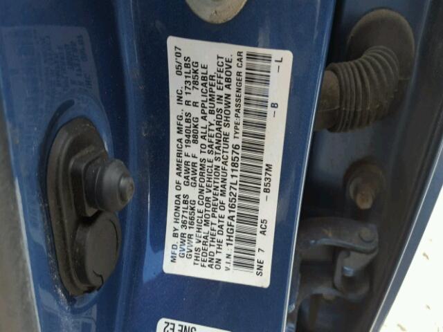 1HGFA16527L118576 - 2007 HONDA CIVIC BLUE photo 10