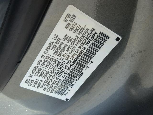 5FNRL38248B098744 - 2008 HONDA ODYSSEY LX GRAY photo 10