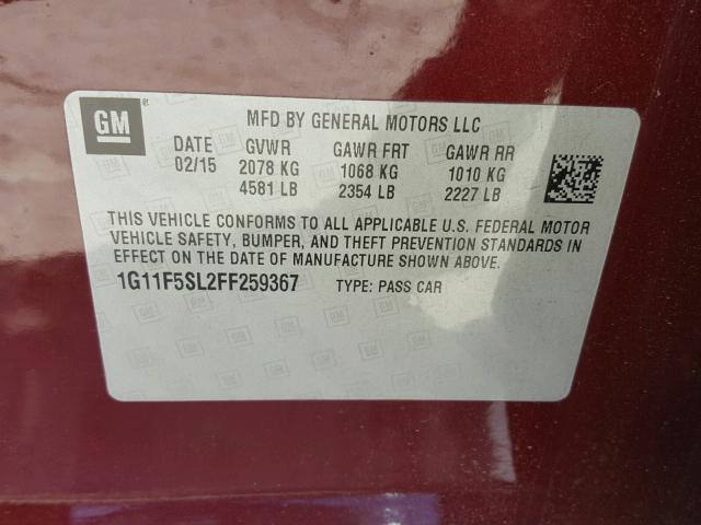 1G11F5SL2FF259367 - 2015 CHEVROLET MALIBU LTZ ბურგუნდია ფოტო 10