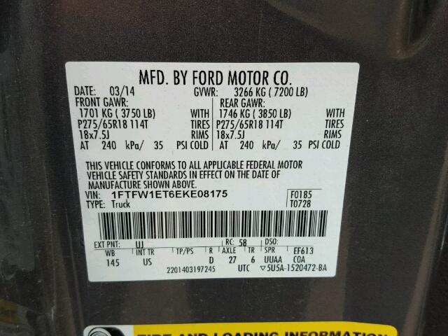 1FTFW1ET6EKE08175 - 2014 FORD F150 GRAY photo 10