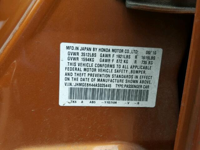 JHMGE8H44AS025445 - 2010 HONDA FIT SPORT ORANGE photo 10