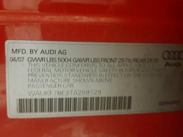 WAUKF78E37A259129 - 2007 AUDI A4 2.0T AV RED photo 10