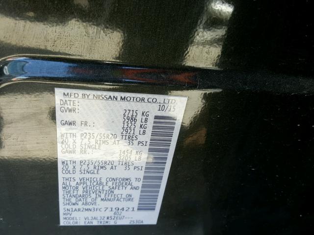 5N1AR2MN3FC719421 - 2015 NISSAN PATHFINDER BLACK photo 10