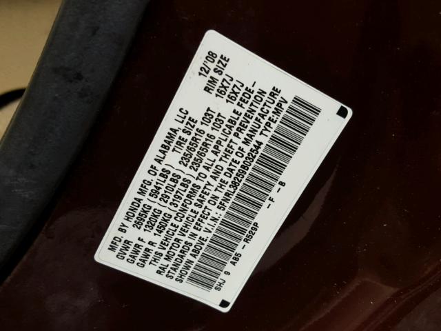 5FNRL38259B032544 - 2009 HONDA ODYSSEY LX MAROON photo 10