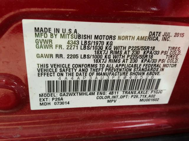 4A4AP3AU3FE046526 - 2015 MITSUBISHI OUTLANDER RED photo 10