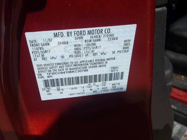 1FMCU94108KC30786 - 2008 FORD ESCAPE LIM RED photo 10