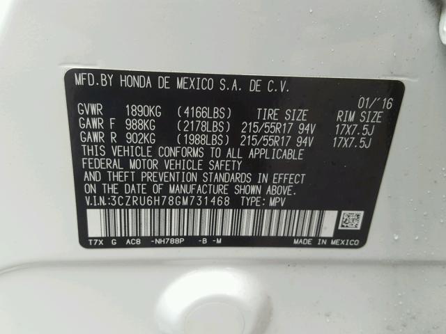 3CZRU6H78GM731468 - 2016 HONDA HR-V EXL WHITE photo 10