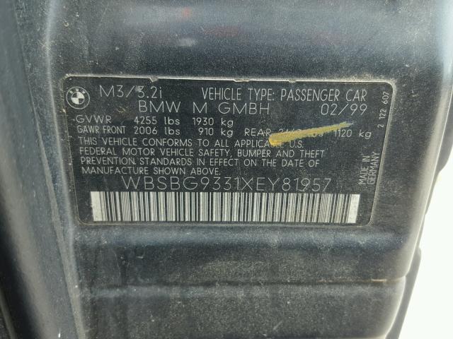 WBSBG9331XEY81957 - 1999 BMW M3 BLACK photo 10