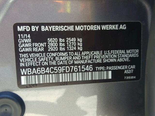 WBA6B4C59FD761546 - 2015 BMW 650 XI GRAY photo 10
