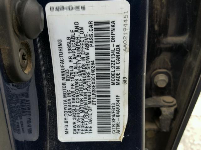 2T1LR38EX3C140264 - 2003 TOYOTA COROLLA MA BLUE photo 10