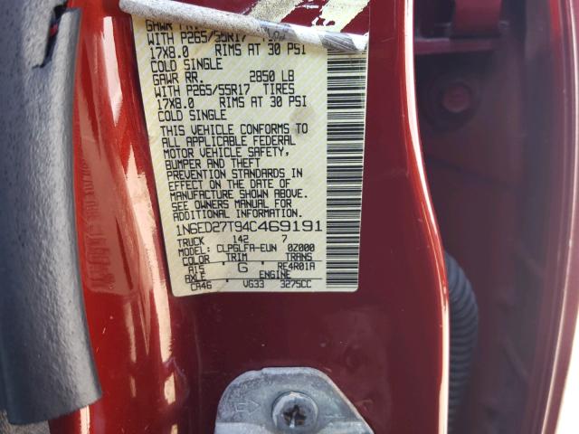 1N6ED27T94C469191 - 2004 NISSAN FRONTIER C MAROON photo 10