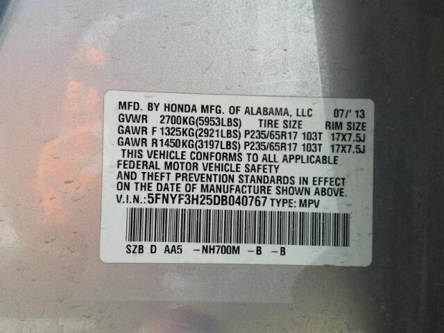 5FNYF3H25DB040767 - 2013 HONDA PILOT LX SILVER photo 10