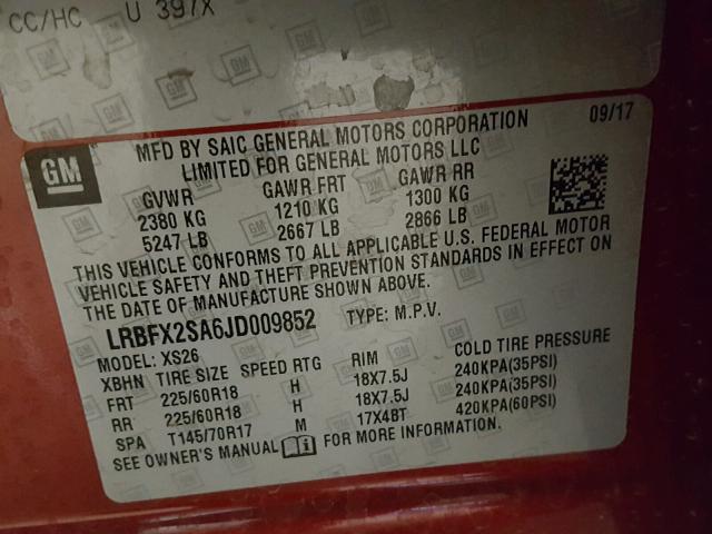 LRBFX2SA6JD009852 - 2018 BUICK ENVISION E RED photo 10