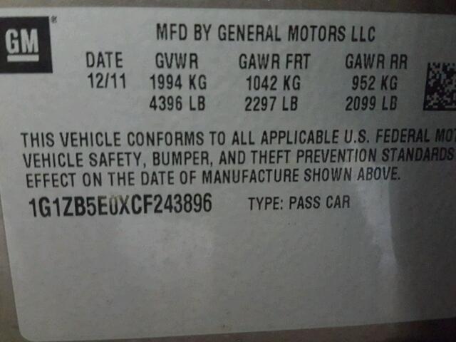 1G1ZB5E0XCF243896 - 2012 CHEVROLET MALIBU LS ნაცრისფერი ფოტო 10