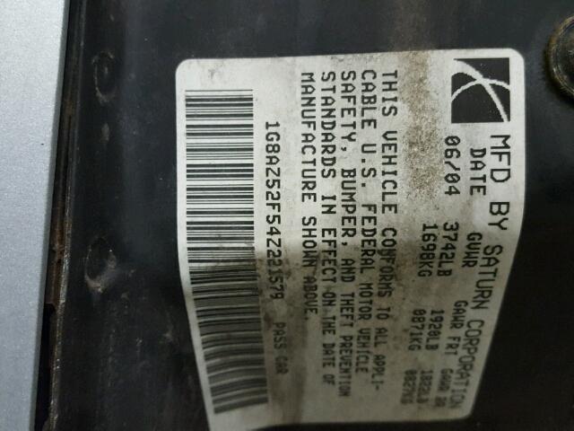 1G8AZ52F54Z221579 - 2004 SATURN ION LEVEL SILVER photo 10