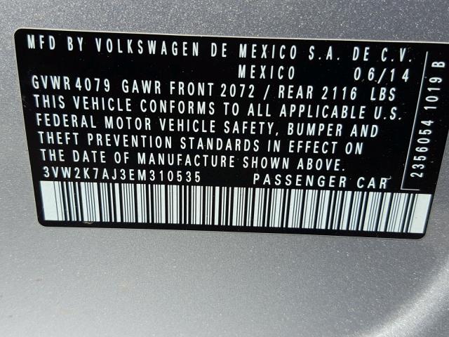 3VW2K7AJ3EM310535 - 2014 VOLKSWAGEN JETTA BASE 银色 照片 10