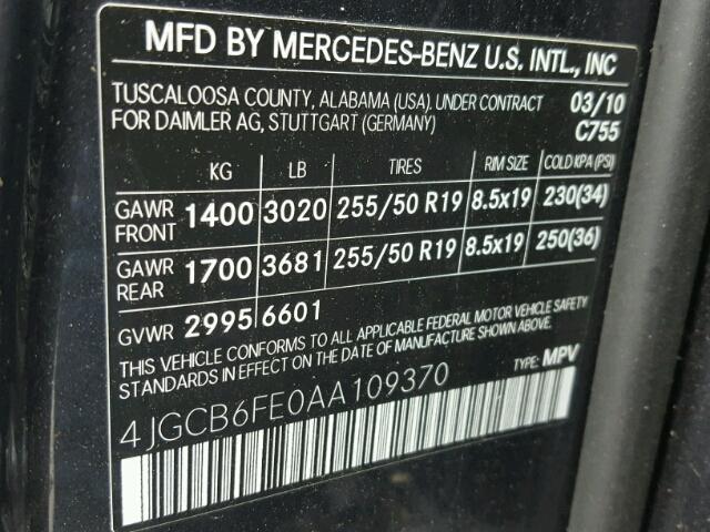 4JGCB6FE0AA109370 - 2010 MERCEDES-BENZ R 350 4MAT GRAY photo 10