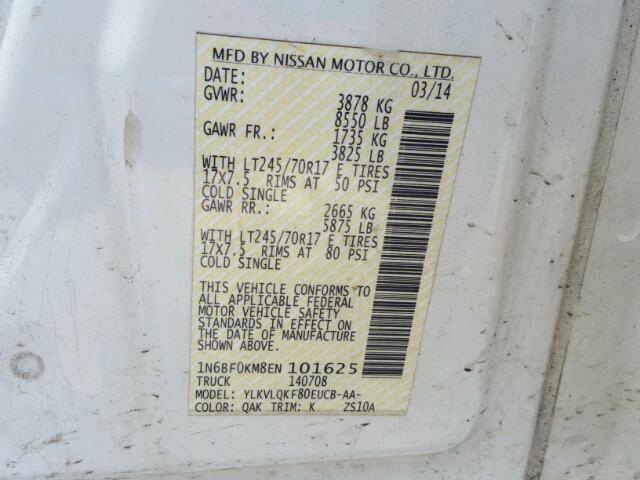 1N6BF0KM8EN101625 - 2014 NISSAN NV 1500 WHITE photo 10