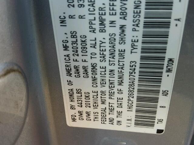 1HGCP26828A075453 - 2008 HONDA ACCORD EX- SILVER photo 10