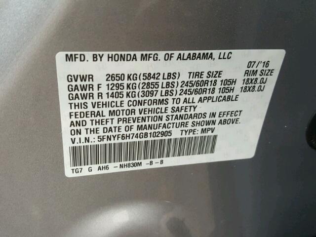 5FNYF6H74GB102905 - 2016 HONDA PILOT EXLN GRAY photo 10