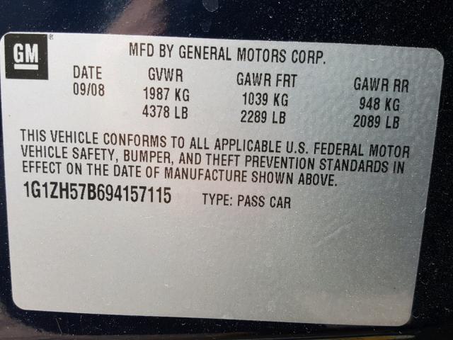 1G1ZH57B694157115 - 2009 CHEVROLET MALIBU 1LT BLUE photo 10