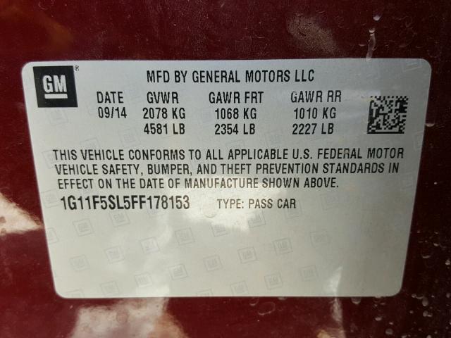 1G11F5SL5FF178153 - 2015 CHEVROLET MALIBU LTZ 栗色 照片 10