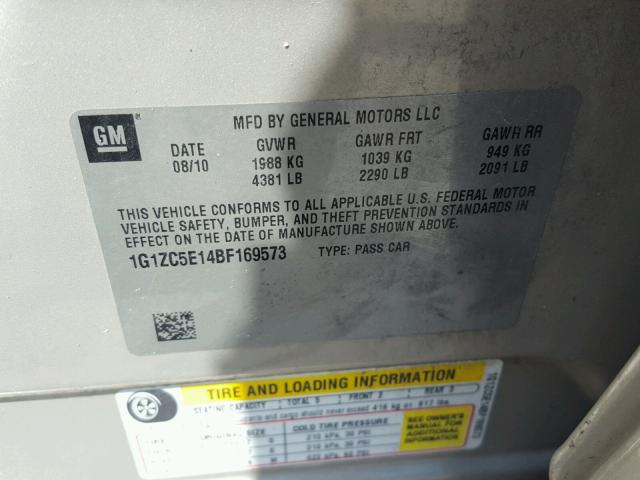 1G1ZC5E14BF169573 - 2011 CHEVROLET MALIBU 1LT BEIGE photo 10