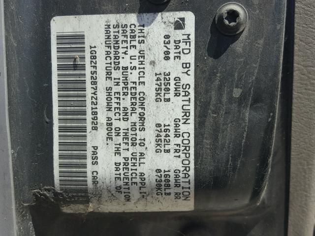 1G8ZF5287YZ218928 - 2000 SATURN SL SILVER photo 10