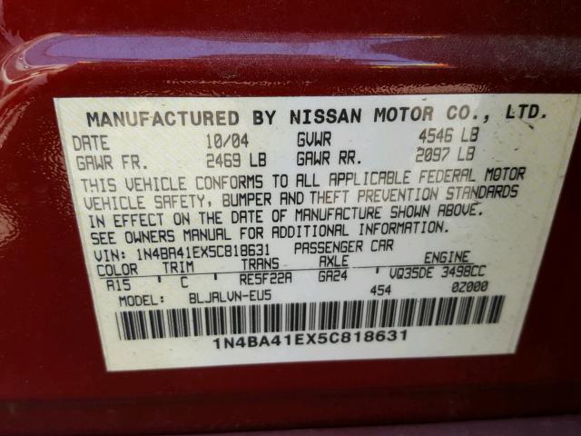 1N4BA41EX5C818631 - 2005 NISSAN MAXIMA SE BURGUNDY photo 10