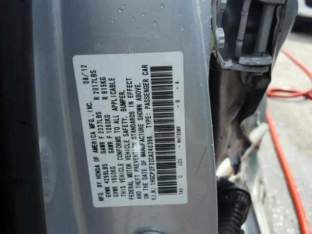 1HGCP2F32CA240396 - 2012 HONDA ACCORD LX SILVER photo 10