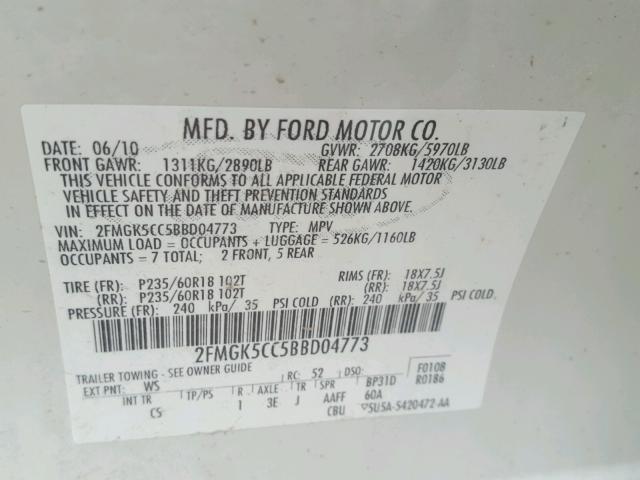 2FMGK5CC5BBD04773 - 2011 FORD FLEX SEL Սպիտակ լուսանկար 10