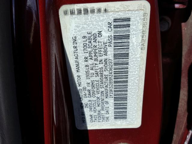 1Y1SK5289YZ436237 - 2000 CHEVROLET GEO PRIZM 红色 照片 10