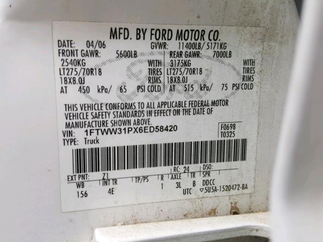 1FTWW31PX6ED58420 - 2006 FORD F350 SRW S WHITE photo 10