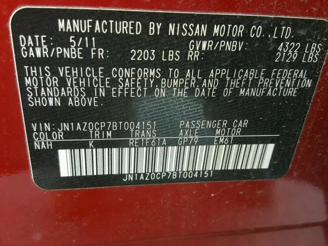 JN1AZ0CP7BT004151 - 2011 NISSAN LEAF SV RED photo 10