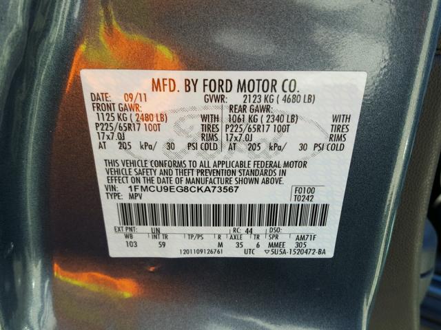 1FMCU9EG8CKA73567 - 2012 FORD ESCAPE LIM BLUE photo 10