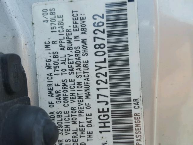 1HGEJ7122YL087262 - 2000 HONDA CIVIC HX SILVER photo 10