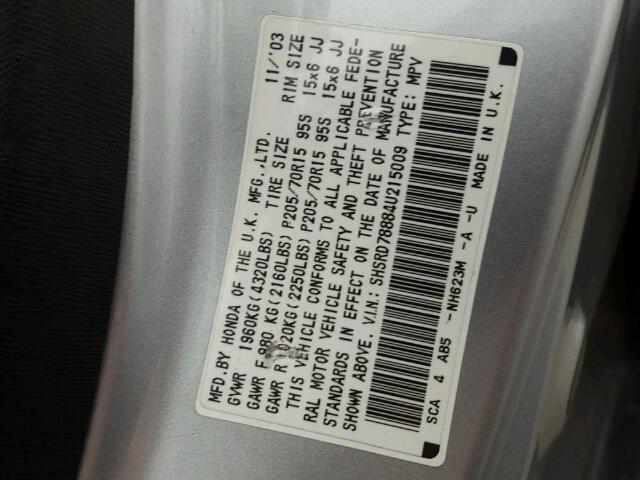 SHSRD78884U215009 - 2004 HONDA CR-V EX ვერცხლისფერი ფოტო 10