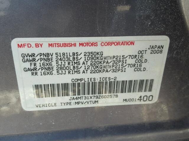 JA4MT31X79Z602578 - 2009 MITSUBISHI OUTLANDER BLUE photo 10