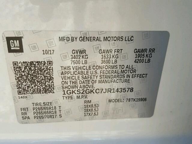 1GKS2GKC7JR143578 - 2018 GMC YUKON XL K WHITE photo 10