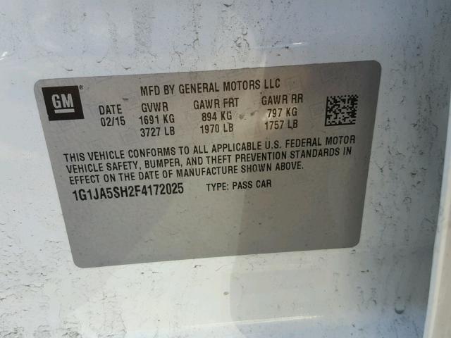 1G1JA5SH2F4172025 - 2015 CHEVROLET SONIC LS 白色 照片 10