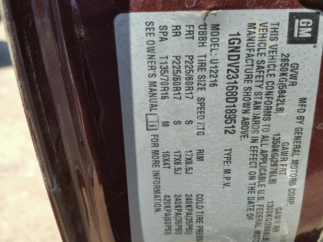 1GNDV23168D189512 - 2008 CHEVROLET UPLANDER L MAROON photo 10