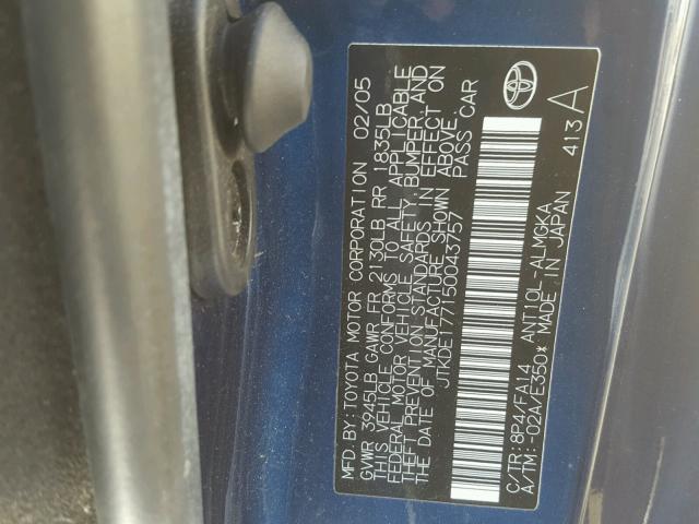 JTKDE177150043757 - 2005 TOYOTA SCION TC 蓝色 照片 10