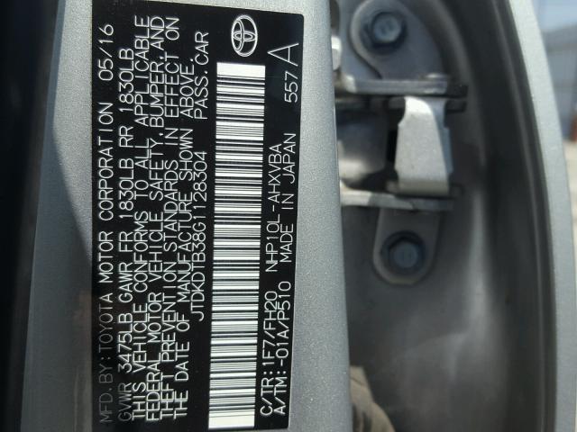 JTDKDTB38G1128304 - 2016 TOYOTA PRIUS C GRAY photo 10