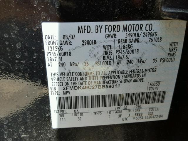 2FMDK49C27BB59011 - 2007 FORD EDGE SEL P BLACK photo 10