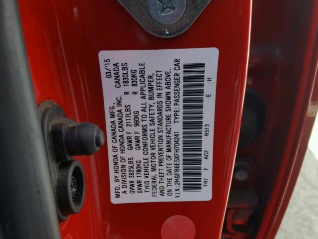 2HGFB6E5XFH704241 - 2015 HONDA CIVIC SI RED photo 10